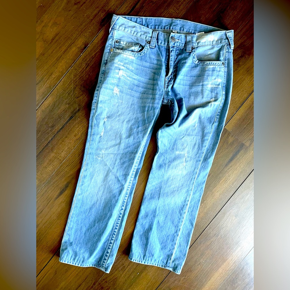 True Religion Jeans Men 36x28 Silver Exodus Distressed Straight Light Wash Denim